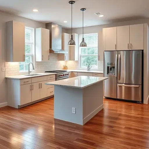 Newly remodeled Winnetka kitchen with modern matte cabinets, granite island, stainless steel appliances, hardwood floors and natural light