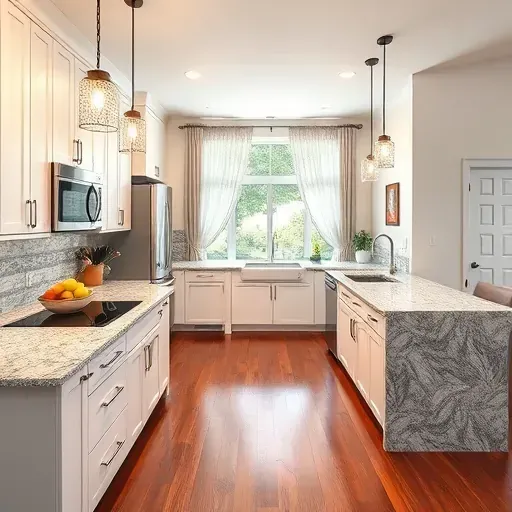 Remodeled Gurnee Illinois modern kitchen with white cabinets stainless steel appliances granite island hardwood floors and natural light