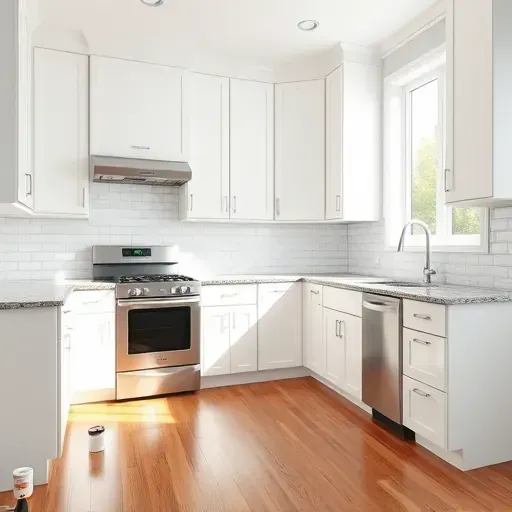 Freshly painted modern kitchen in Bloomingdale Illinois with white cabinets, granite countertop, subway tile backsplash and hardwood flooring