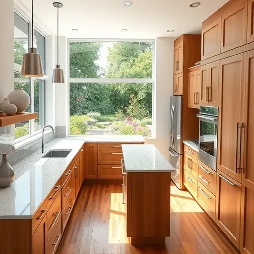 Completed modern kitchen in Park Ridge Illinois with granite countertops stainless steel appliances and natural light