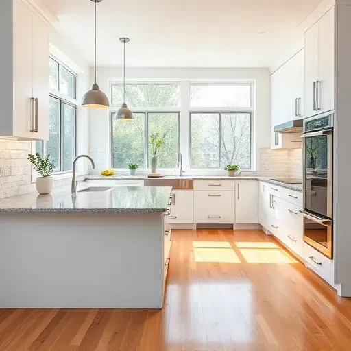 Modern kitchen remodel in Winnetka IL with matte white cabinetry, granite island, and stainless appliances in a bright space.