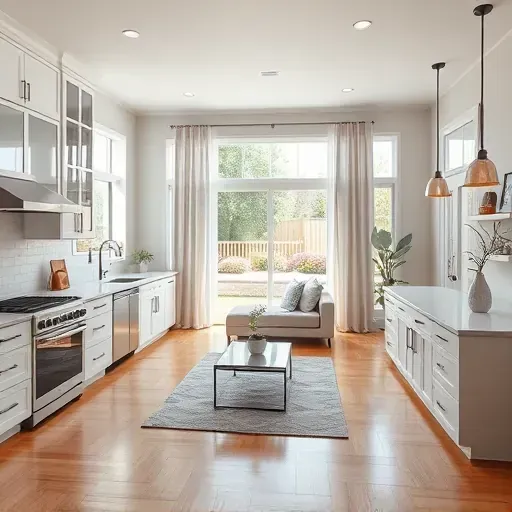 Modern kitchen and living area in Lake Zurich IL, showcasing quartz countertops, custom cabinetry, and bright outdoor views.