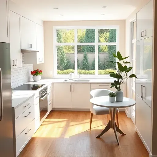 Modern kitchen renovation in Glenview IL with white cabinets, marble countertops, stainless steel appliances, and natural light.