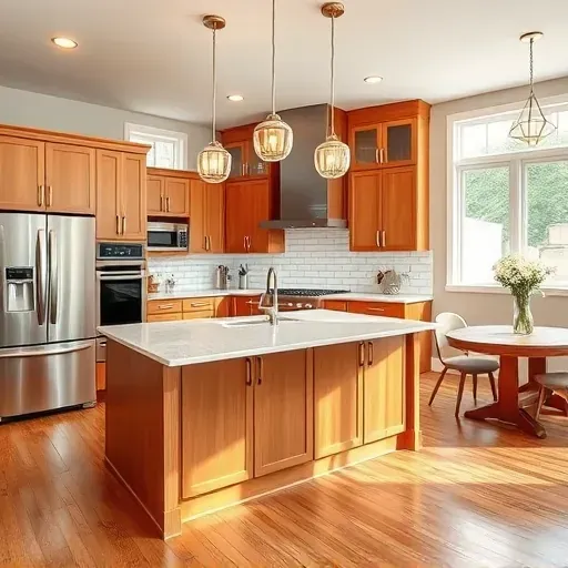 Modern kitchen remodel in Morton Grove, IL with quartz countertops, custom cabinetry, and illuminating pendant lights.