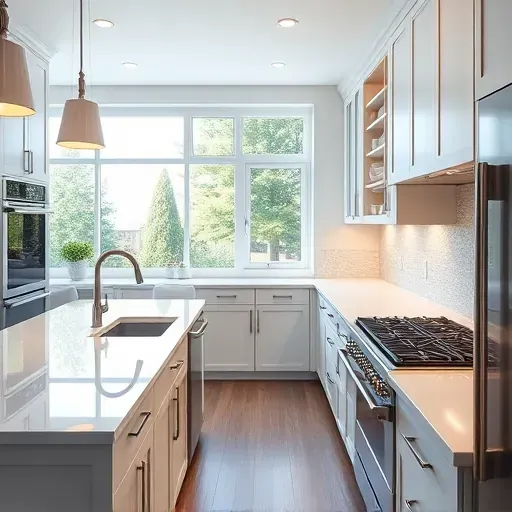 Newly remodeled modern kitchen in Bloomingdale IL with quartz countertops, ambient lighting, and stainless steel appliances.