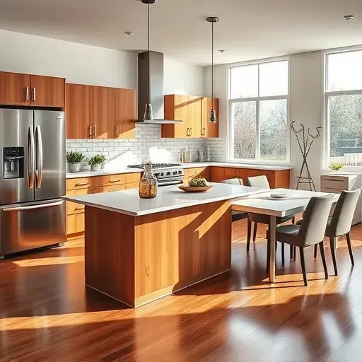 Modern kitchen remodel in Schaumburg IL with stainless steel appliances, custom cabinetry, and polished hardwood floors.