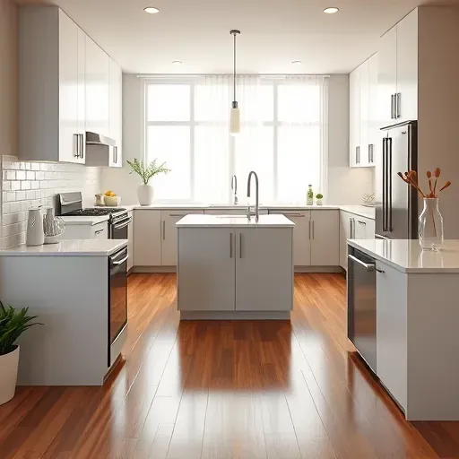 Recently remodeled modern kitchen in Des Plaines IL with quartz countertops stainless steel appliances wood flooring and natural light