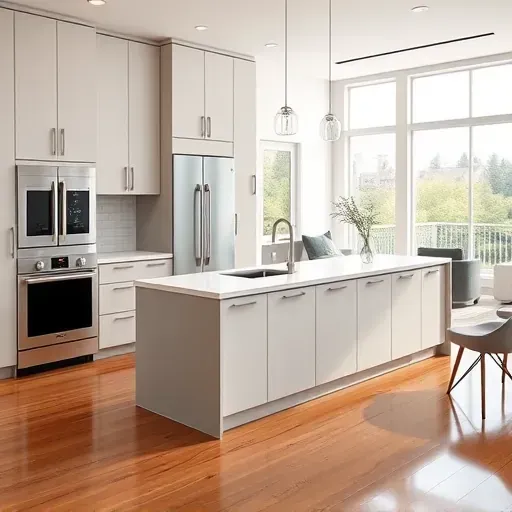 Freshly remodeled kitchen in Bloomingdale IL with modern cabinetry, quartz island, state-of-the-art appliances and hardwood flooring.
