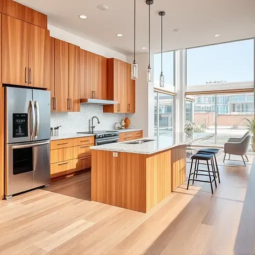modern kitchen remodel in Bloomingdale IL with wood cabinetry stainless steel appliances and granite island countertop