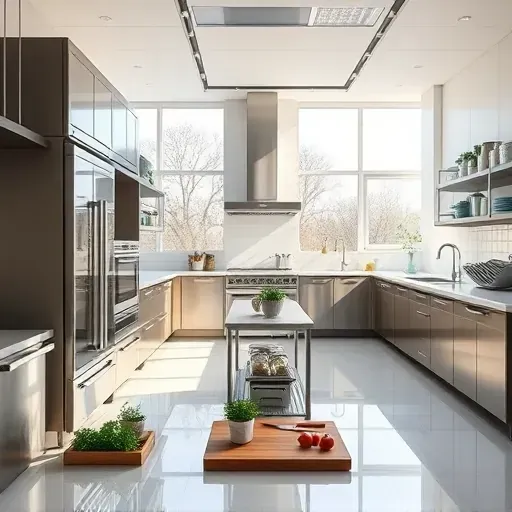 Renovated commercial kitchen in Bloomingdale IL with stainless steel appliances sleek countertops modern cabinetry and natural light