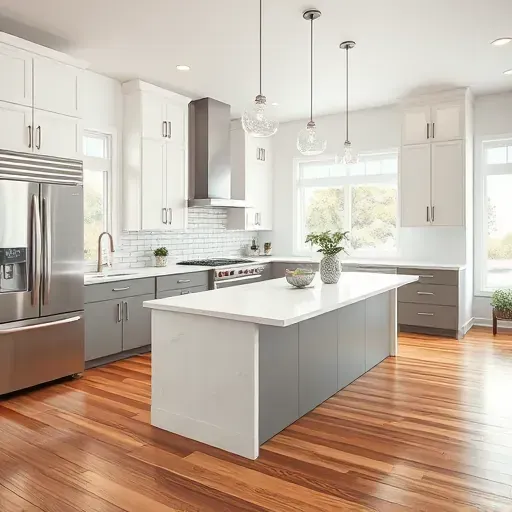 Finished modern kitchen in Bloomingdale Illinois featuring sleek cabinets granite countertops stainless-steel appliances and hardwood floors