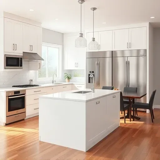 Renovated Lake Forest IL kitchen with white modern cabinets stainless appliances quartz island marble backsplash hardwood floors and natural light