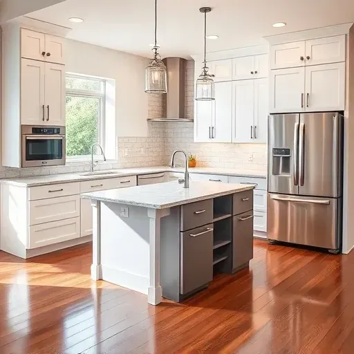 Remodeled Wheeling Illinois kitchen with white cabinets granite island stainless steel appliances hardwood floors pendant lighting and large window with greenery