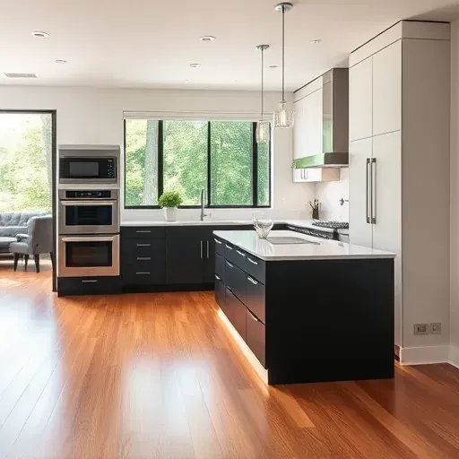 Modern Glencoe IL kitchen with quartz countertops, black island, stainless appliances, hardwood floors, and natural light