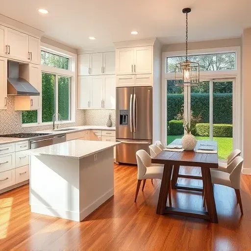 Modern kitchen remodel in Hoffman Estates IL featuring sleek appliances, quartz island, white cabinetry, and elegant decor.