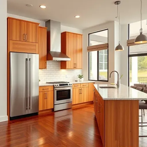 Renovated Libertyville kitchen with warm wood cabinets stainless steel appliances granite countertops and hardwood flooring