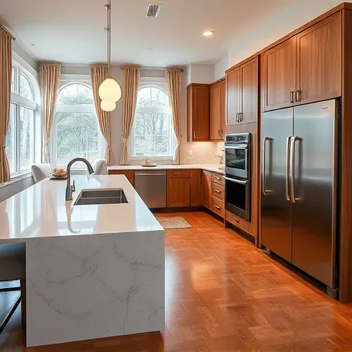 Modern Hinsdale kitchen with quartz countertops marble backsplash built-in appliances hardwood floors and large windows