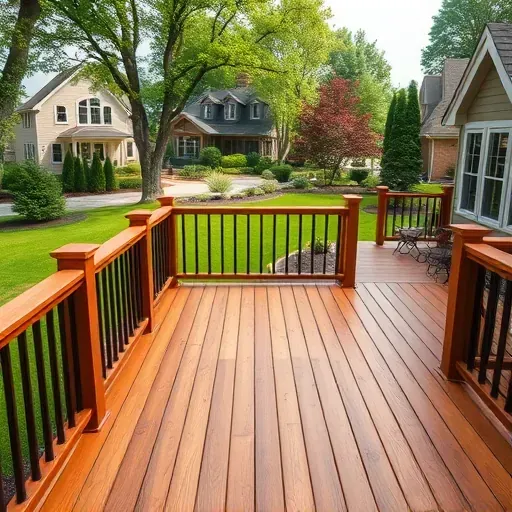 Freshly completed wooden deck in Bloomingdale IL with rich tones, detailed planks, lush greenery, and a charming neighborhood