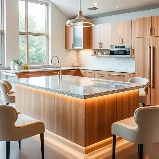 Modern Bloomingdale kitchen with sleek granite island, maple cabinetry, LED lighting, plush chairs, natural light, and minimalist appliances