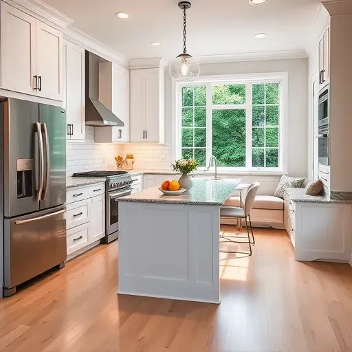 Modern kitchen remodel in Oak Brook IL with white cabinetry, marble island, stainless steel appliances, and bright decor.