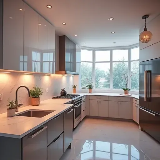 Completed modern kitchen lighting in Bloomingdale IL with sleek LED fixtures, marble countertops, and stainless steel appliances