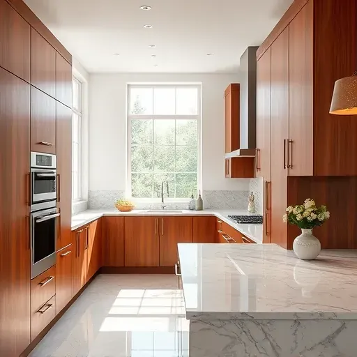 Custom modern wood kitchen cabinets with granite countertops, stylish backsplash, and elegant hardware in well-lit Bloomingdale kitchen