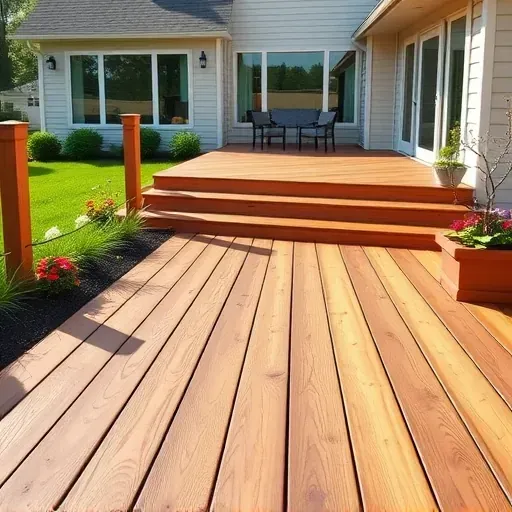Freshly completed wooden deck in Bloomingdale Illinois with rich tones, lush landscaping, and a modern suburban home backdrop
