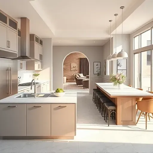 Modern Des Plaines kitchen features stainless steel appliances, marble countertops, and custom cabinetry in natural light.