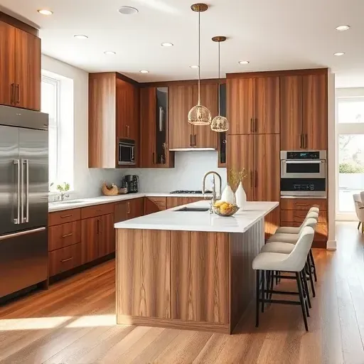 Contemporary Northfield IL kitchen remodel with walnut cabinetry, marble countertop, and spacious open-concept design.