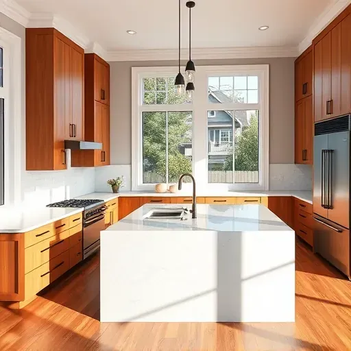 Remodeled Morton Grove kitchen with quartz countertops, black hardware, stainless appliances, subway backsplash, hardwood floors, and large windows