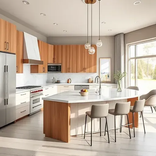 Modern Buffalo Grove kitchen with matte cabinets, marble island, stainless steel appliances, geometric backsplash, natural light