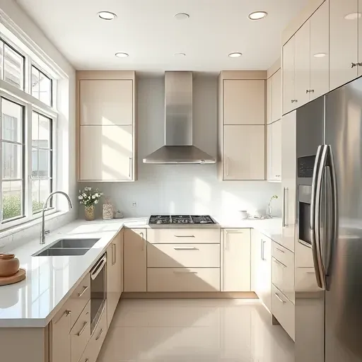 Pristine Bloomingdale IL modern kitchen with glossy cabinets stainless steel appliances quartz countertops and natural sunlight