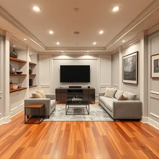 Modern renovated Bloomingdale IL basement with hardwood floors, recessed lighting, built-in shelves, cozy seating, and stylish decor