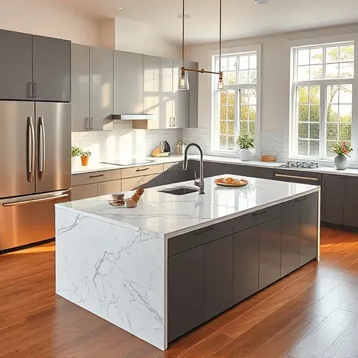Newly built modern kitchen island in Bloomingdale Illinois with marble countertops stainless steel fixtures and minimalist design