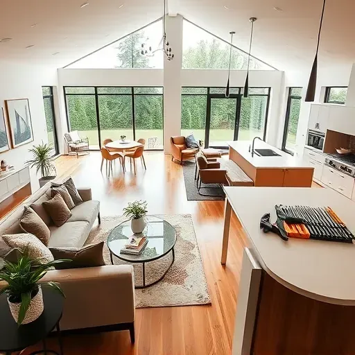 Stylish open floor plan in a remodeled Rolling Meadows home with modern furnishings and natural light-filled interiors.