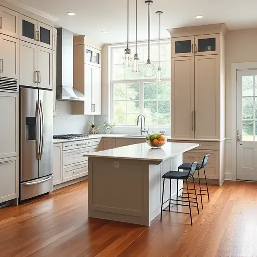 Modern remodeled kitchen in Glencoe IL with sleek matte cabinetry stainless steel appliances quartz island bright natural light hardwood floors lush garden view