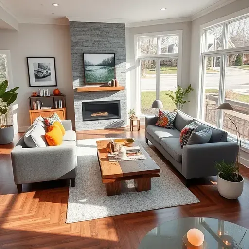 Elegant living room in Barrington IL with gray sofa, wood coffee table, custom shelving, and abundant natural light.
