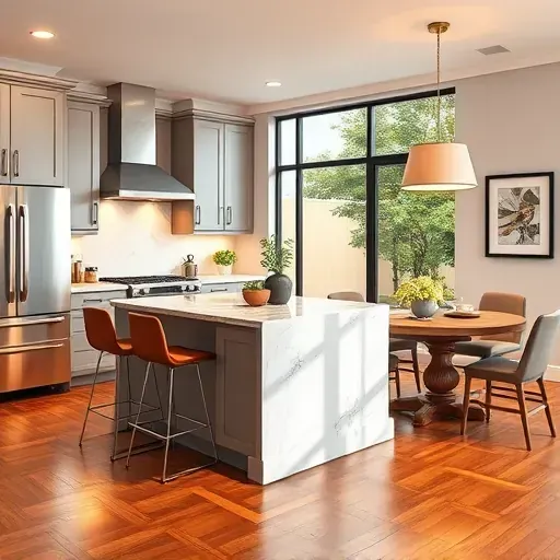 Modern kitchen remodel in Park Ridge IL features gray cabinets, marble counters, stainless appliances, and herbs.