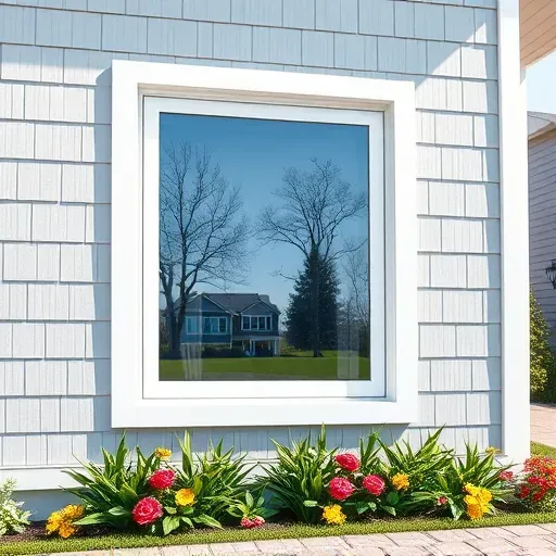 Newly installed sleek window with reflective glass, textured siding, lush garden, and paved walkway in a modern Bloomingdale home