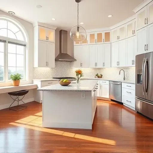 Beautiful modern renovated kitchen in Gurnee Illinois with white cabinets stainless steel appliances granite island natural light hardwood floors