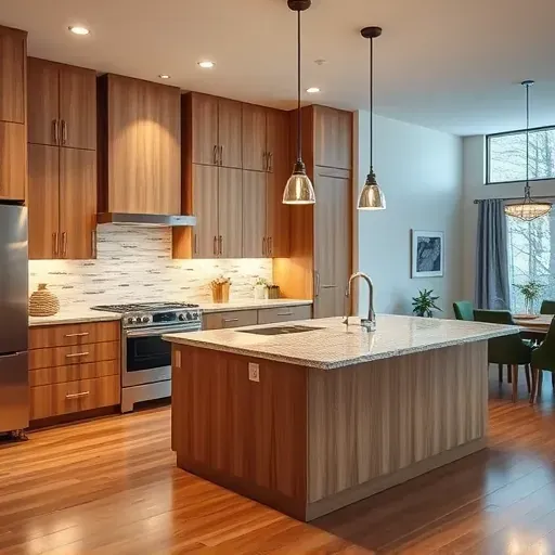 Renovated Vernon Hills kitchen with modern wood cabinetry stainless steel appliances granite island and hardwood floors