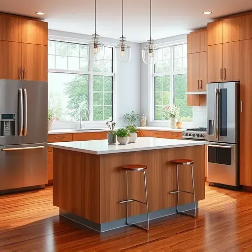 Modern renovated Arlington Heights kitchen with wood cabinetry stainless steel appliances large quartz island natural light hardwood floors