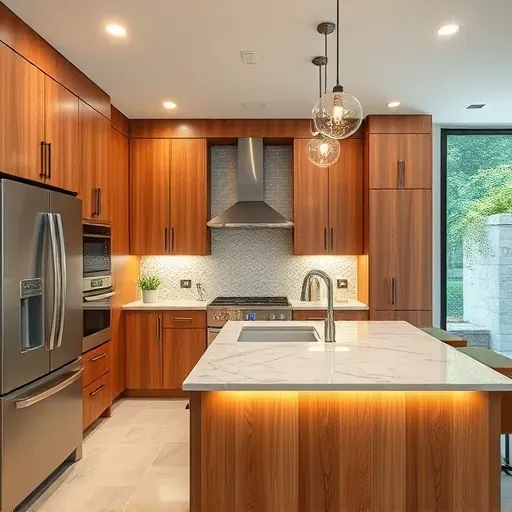 Modern renovated Skokie kitchen with sleek cabinetry stainless steel appliances marble island natural light greenery