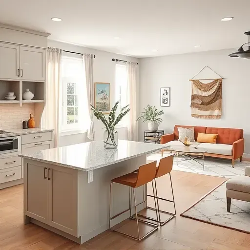 Modern kitchen in Bloomingdale IL featuring sleek cabinetry, granite countertops, and elegant island with bar stools.