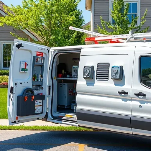 Modern electrical service van parked outside a house in Bloomingdale Illinois with organized tools, new electrical meters, and lush landscaping