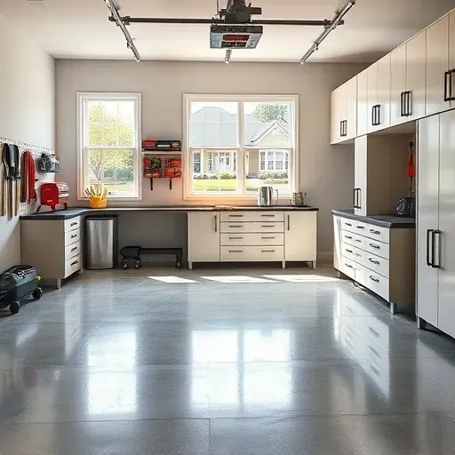 Modern clean garage with built-in cabinets, polished concrete, organized tools, and suburban neighborhood view