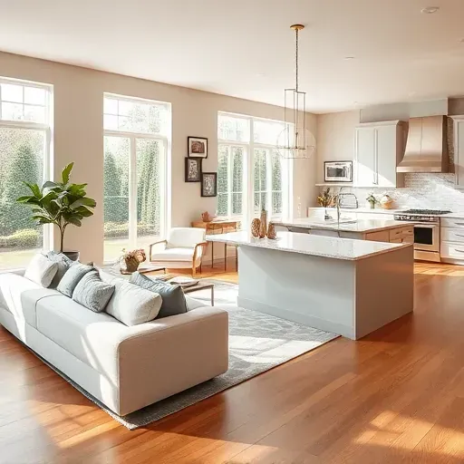Modern living room in Glencoe IL with a neutral color palette, elegant decor, and a stylish kitchen design.