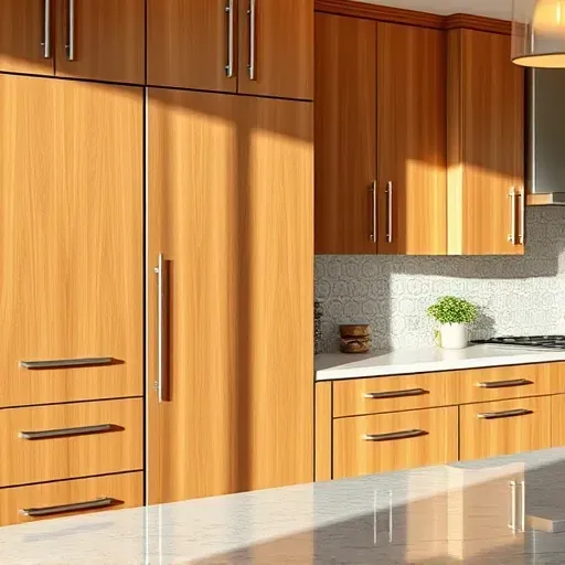 Refaced wooden kitchen cabinets with sleek hardware, glossy surfaces, stylish backsplash, and polished granite countertop