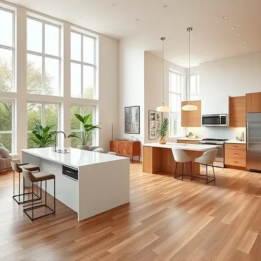 Modern living room in Niles IL showcasing open layout, sleek flooring, stylish kitchen, and elegant decor.