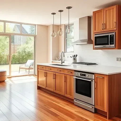 Remodeled Vernon Hills kitchen with quartz countertops stainless steel appliances custom wood cabinets large island pendant lighting and landscaped backyard view